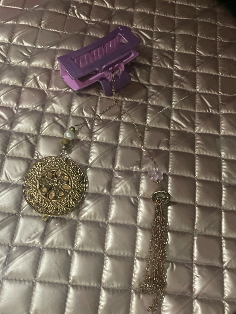 Vintage-Inspired Gold Pendant Necklace with Tassel - Purple Accents